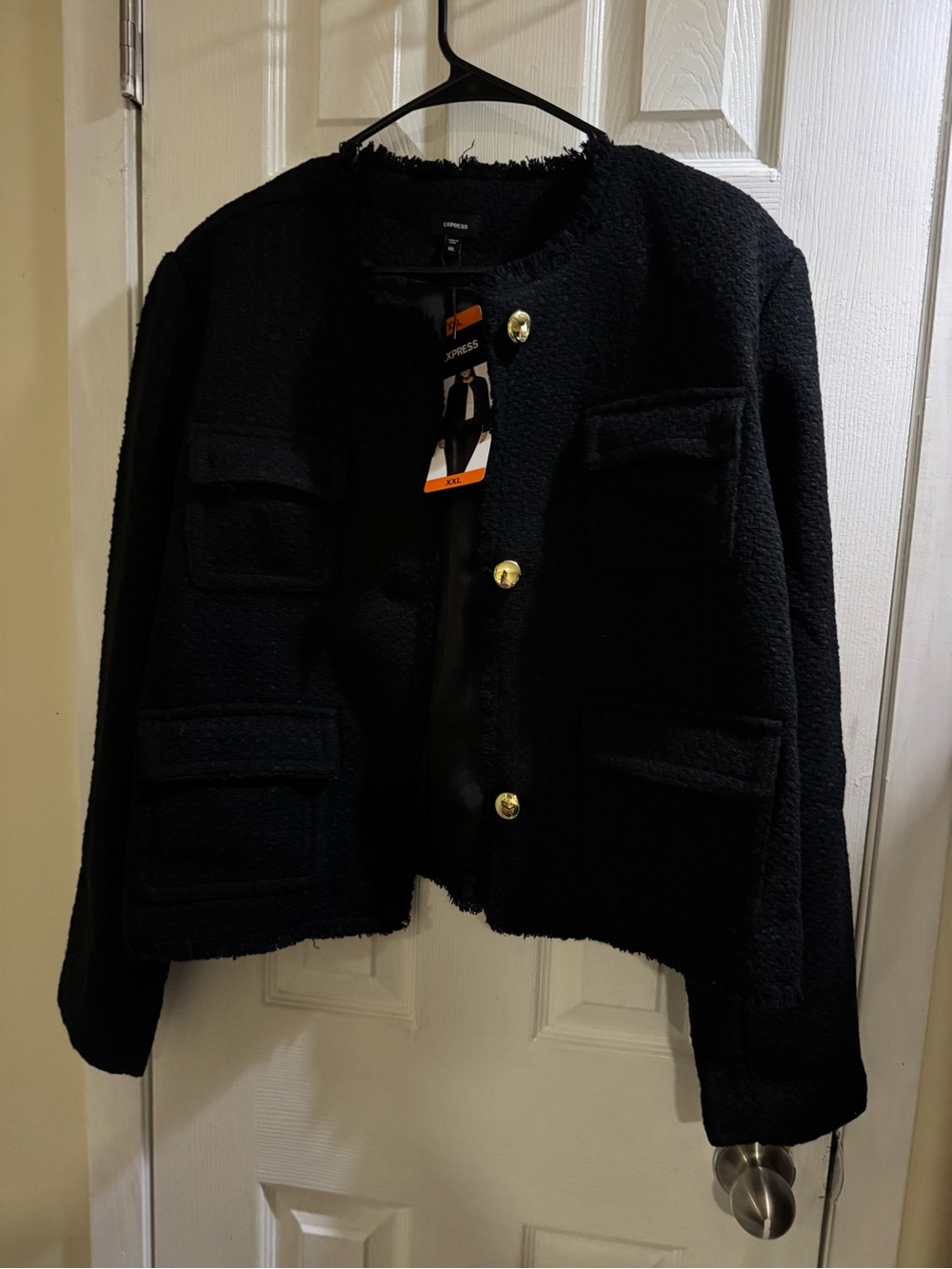 Express Black Textured Tweed Jacket Women’s XXL Gold Button Fringe Trim Nwt